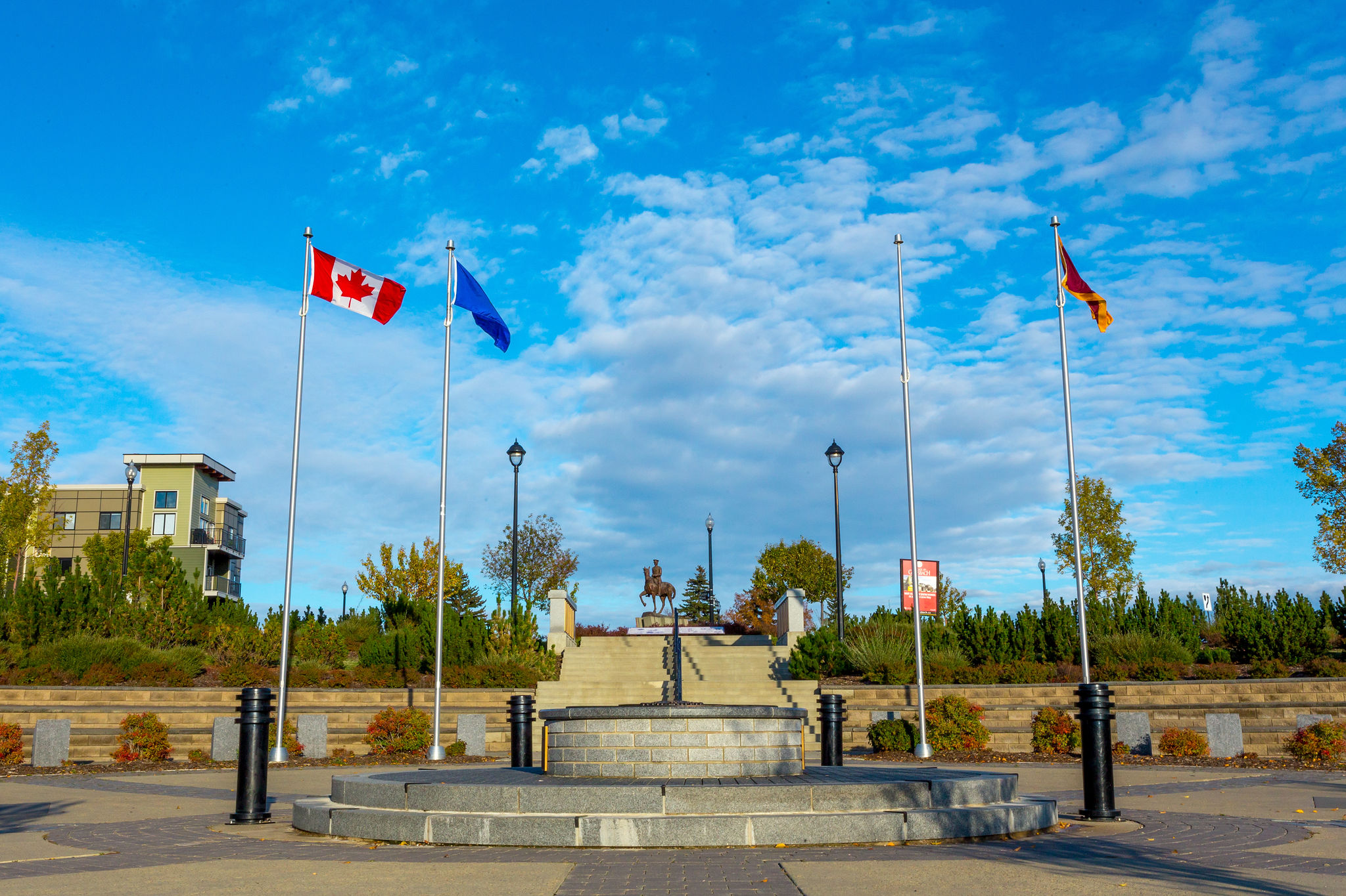 The Village at Griesbach community photo, showcasing the Patricia Park Memorial.