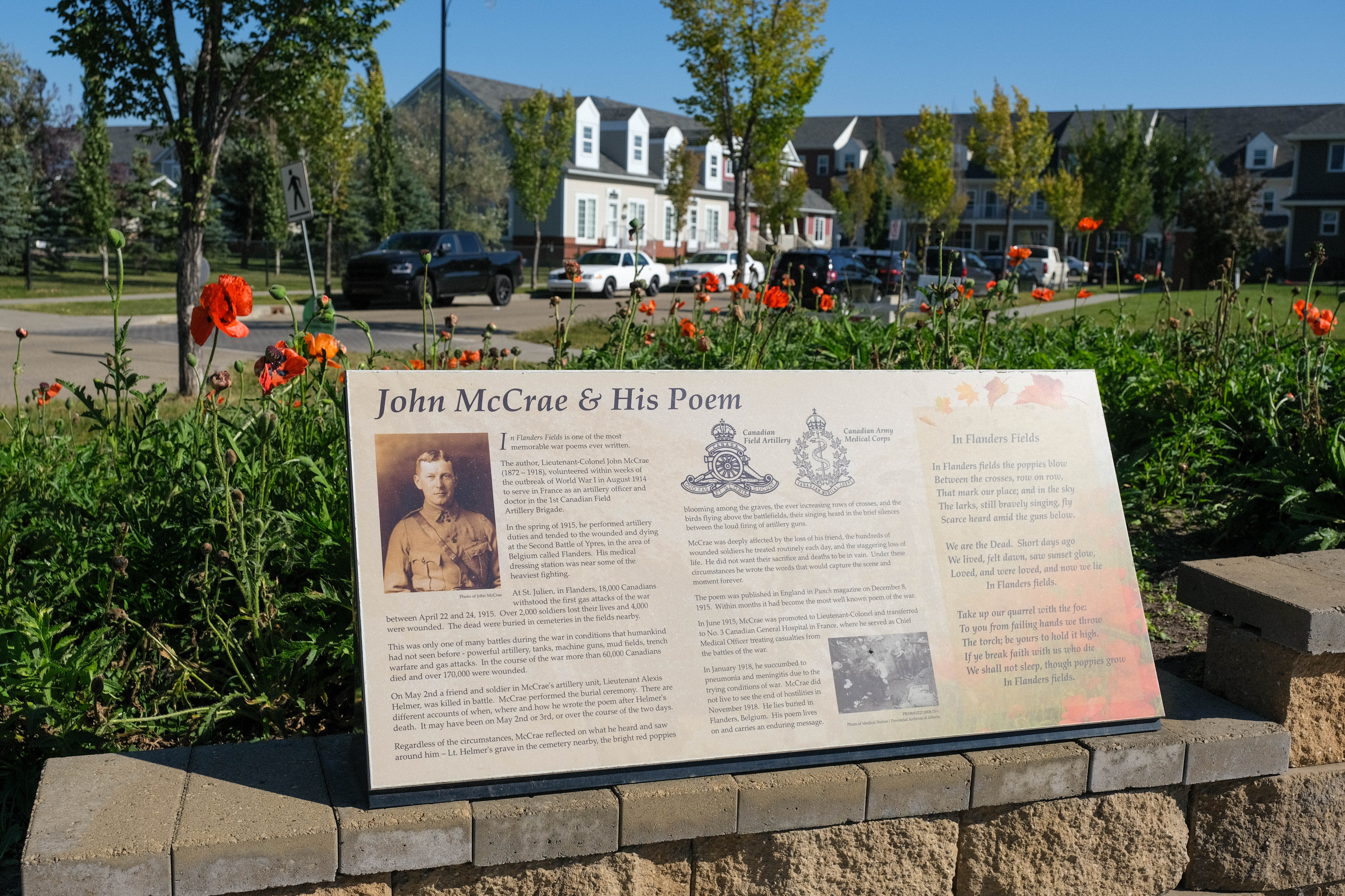 Flanders Field Park, commemorating the 100th anniversary of the poem "In Flanders Fields", located within the Village of Griesbach. 